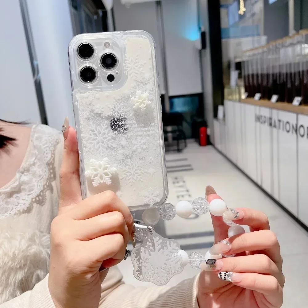 Glitter Quicksand Snowflakeนาฬิกาข้อมือสําหรับiPhone 16 15 14 Pro Max Plus 12 13 11 3Dดอกไม้สร้อยข้อมือลูกปัดกันกระแทก