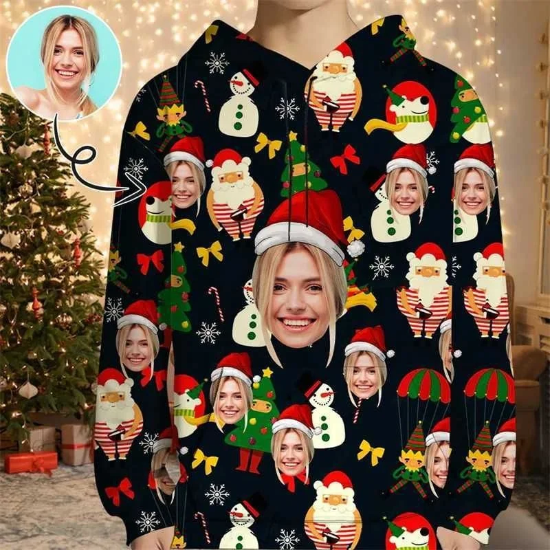 3D Print Christmas Hoodie For Men Women Customized Portrait Pattern Sweatshirt Casual Tops Loose Pullovers Long Sleeves Hoodies