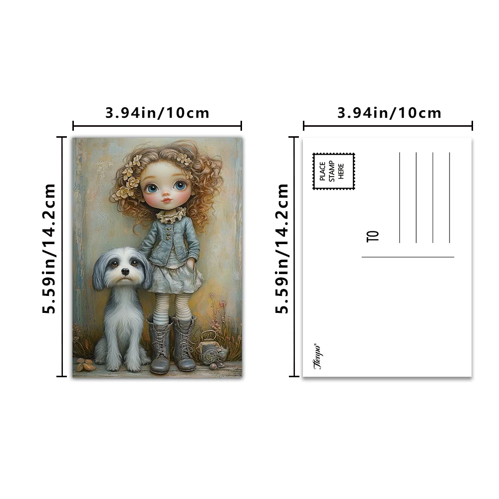 32pcs Vintage Cute Doll Postcards,Doll & Pet Dog , Illustration Style, Thick Cardstock, High Definition Printing,Gift Collection