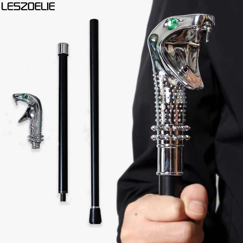 

Яркая серебряная трость с головой кобры, змеиный дизайн, женская стильная мужская трость с зелеными глазами и выступающими шипами