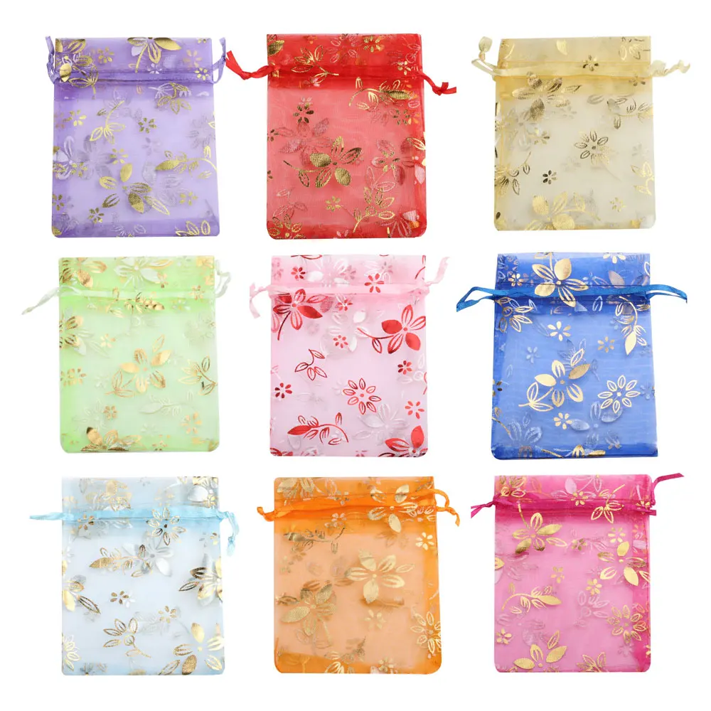 10pcs/20pcs Bauhinia Foil Stamping Organza Gift Bag Gold Color Flower Print Wedding Party Candy Jewelry Packaging Pouches