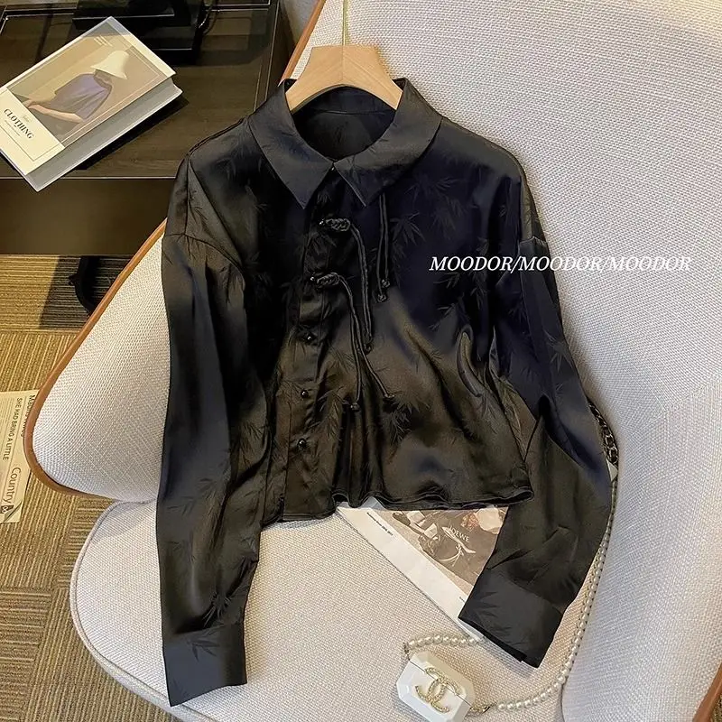 Chinese Style Satin Jacquard Shirt Placket Buckle Black Shirts Autumn Chic Tassel Blouse Temperament Office Women\'s Clothing