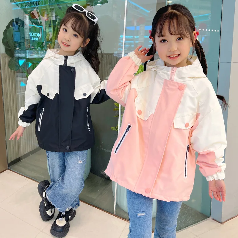 Fashion temperament girl's coat 2024 spring new children's big children's windbreaker color storm coat girl trend