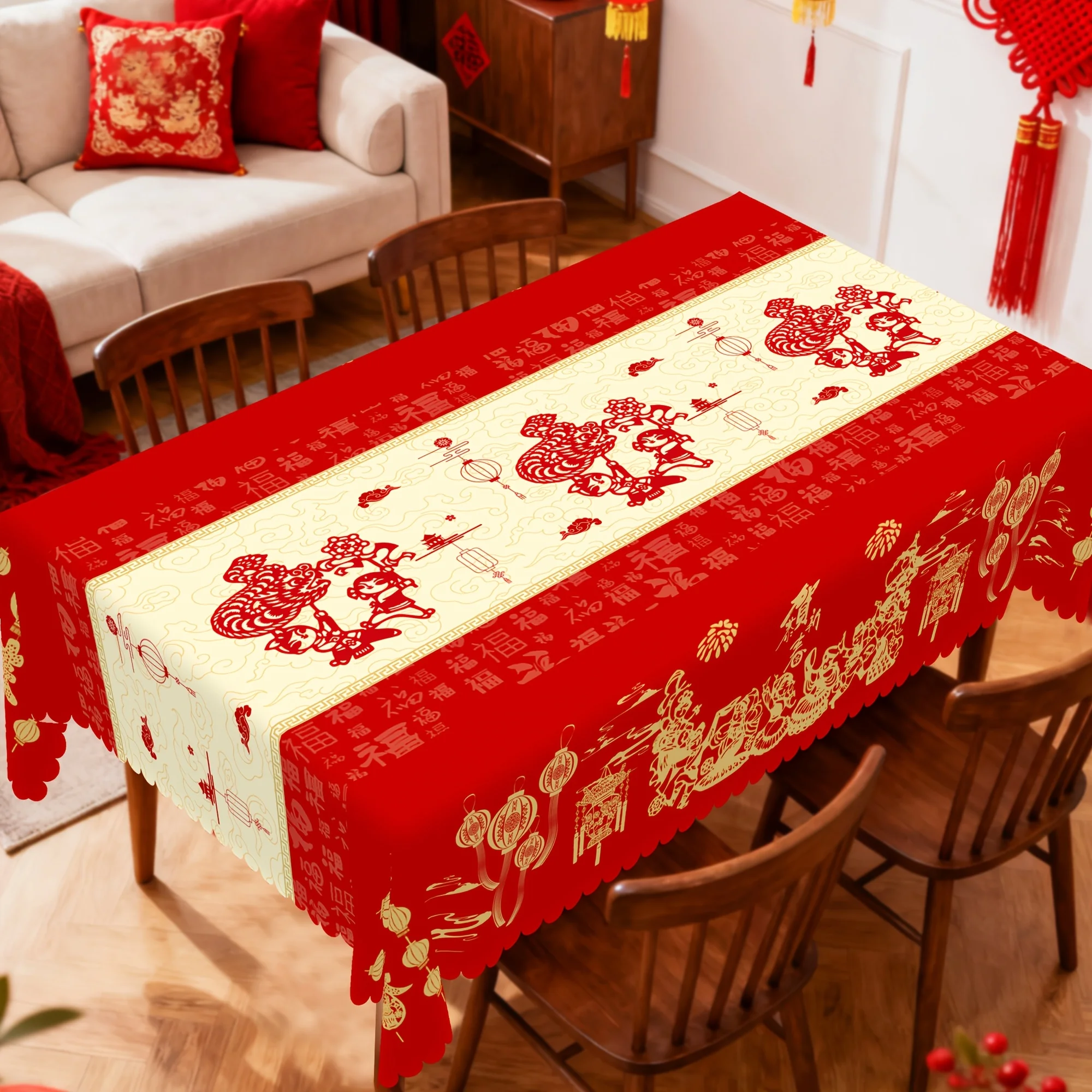 Chinesische Mond Neujahr Rot Goldene Wasserdichte Tischdecke Tisch Dekor Frühling Festival Küche Esszimmer Tischdecke Neujahr Dekor