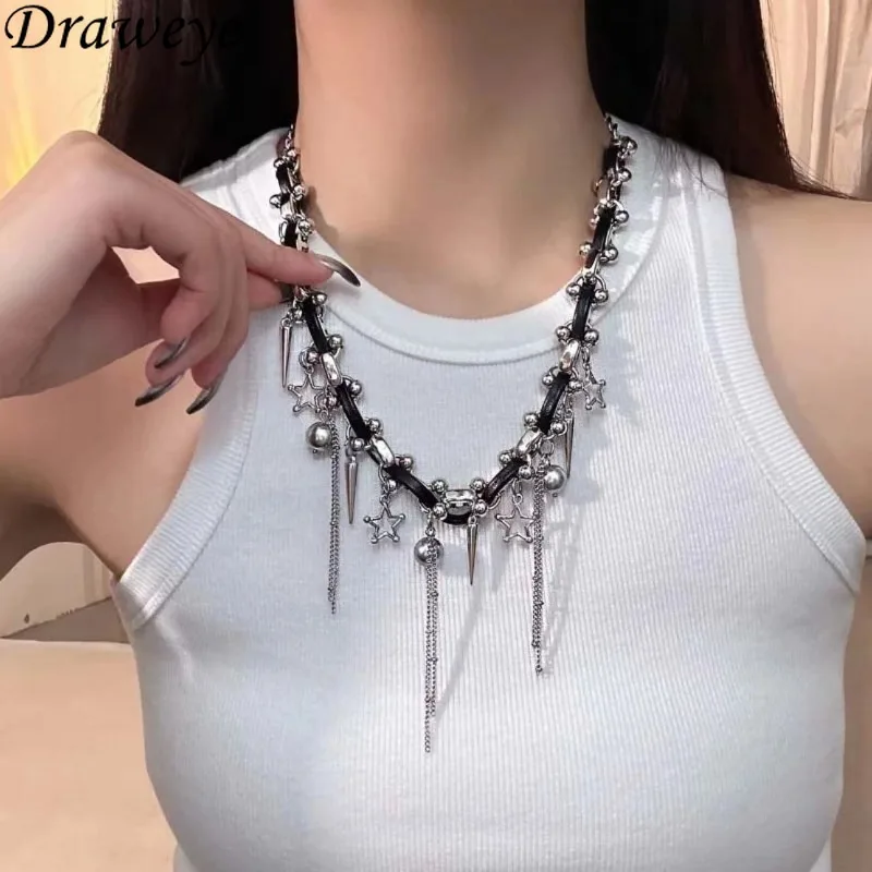 Draweye Y2k Tassels Necklace for Women Punk Style Hiphop Fashion Rivets Jewelry Chokers Beads Patchwork Collares Para Mujer