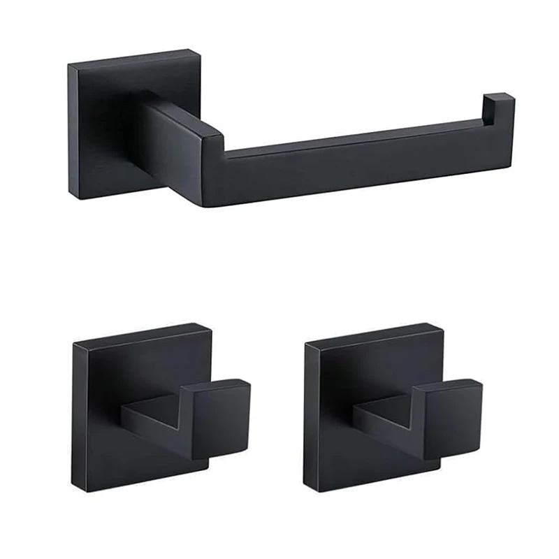 Conjunto de Acessórios para Banheiro Preto Fosco em Aço Inoxidável SUS304: Suporte para Papel Higiênico, Gancho para Toalha e Roupão, Kit Moderno de Ferragens Quadradas para Banho