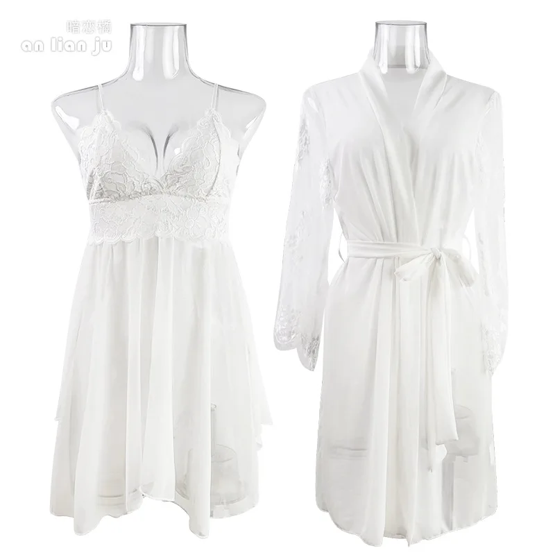 Conjunto de Lencería Blanca para Mujer, Camisola de Encaje Floral, Vestido Lencero Transparente de Manga Larga, Kimono con Lazos, Ropa de Dormir para Novia IDNZ