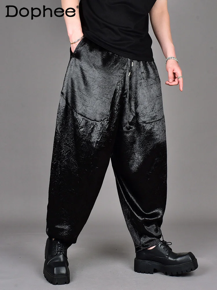 

Fashion Trend Black Casual Loose Comfortable Harem Pants Men 2025 Summer Ice Silk Thin Material Draped Slim Fit Long Pants