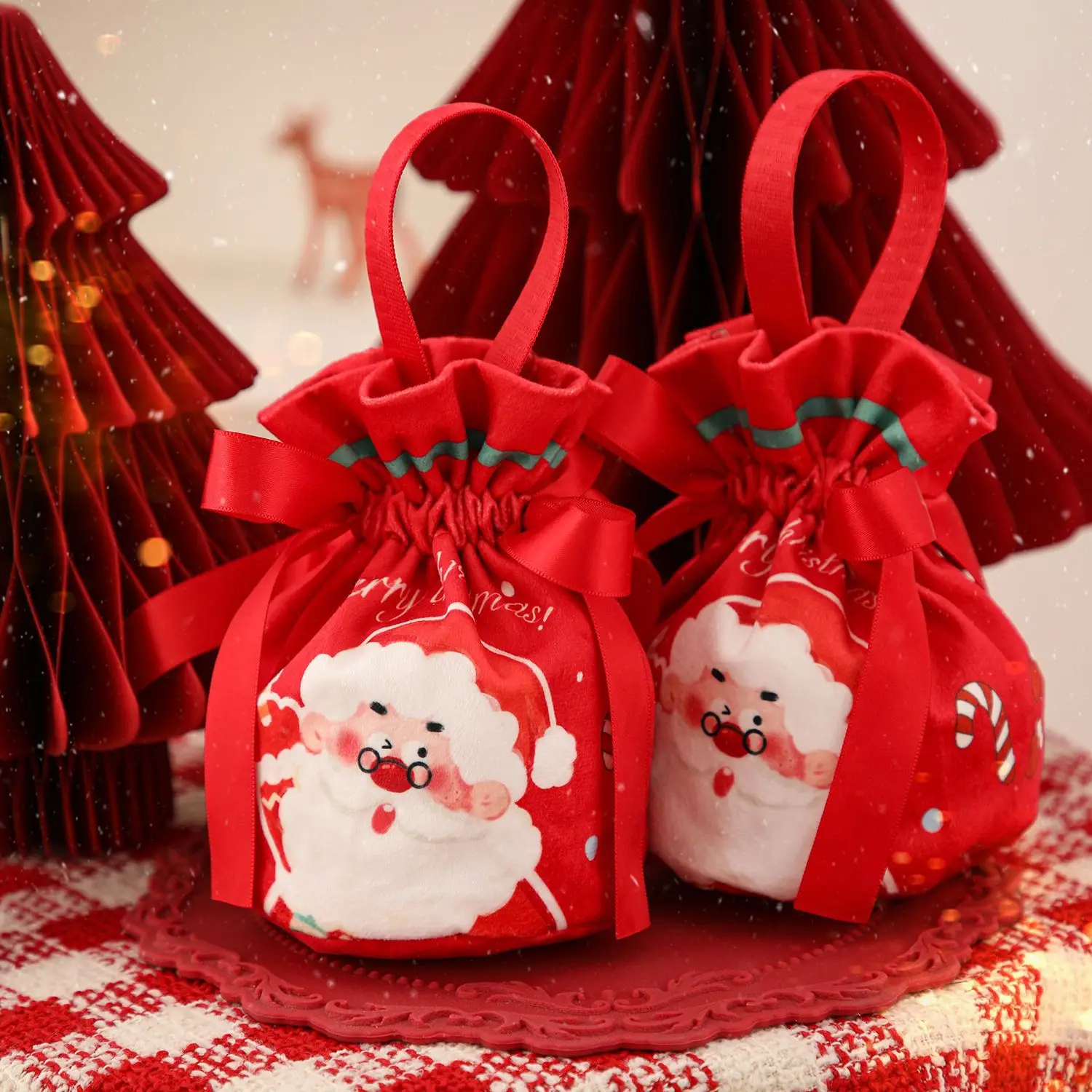 New Year Christmas Decorations For Home Velvet Drawstring Gift Bag Large Candy Christmas Bags Holiday Cartoon Apple Bag