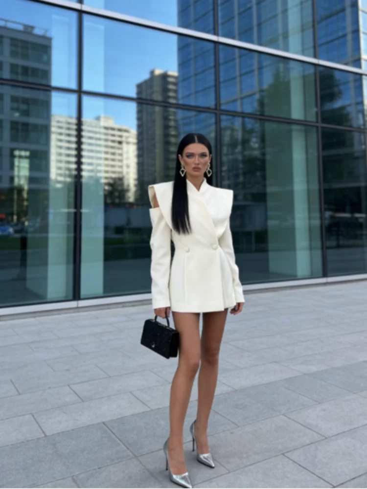 

Elegant Women's Blazer Jacket Cutout Shoulders Stand Long Sleeve Waist-cinching Female Coats 2026 Spring Street Lady Outerwear