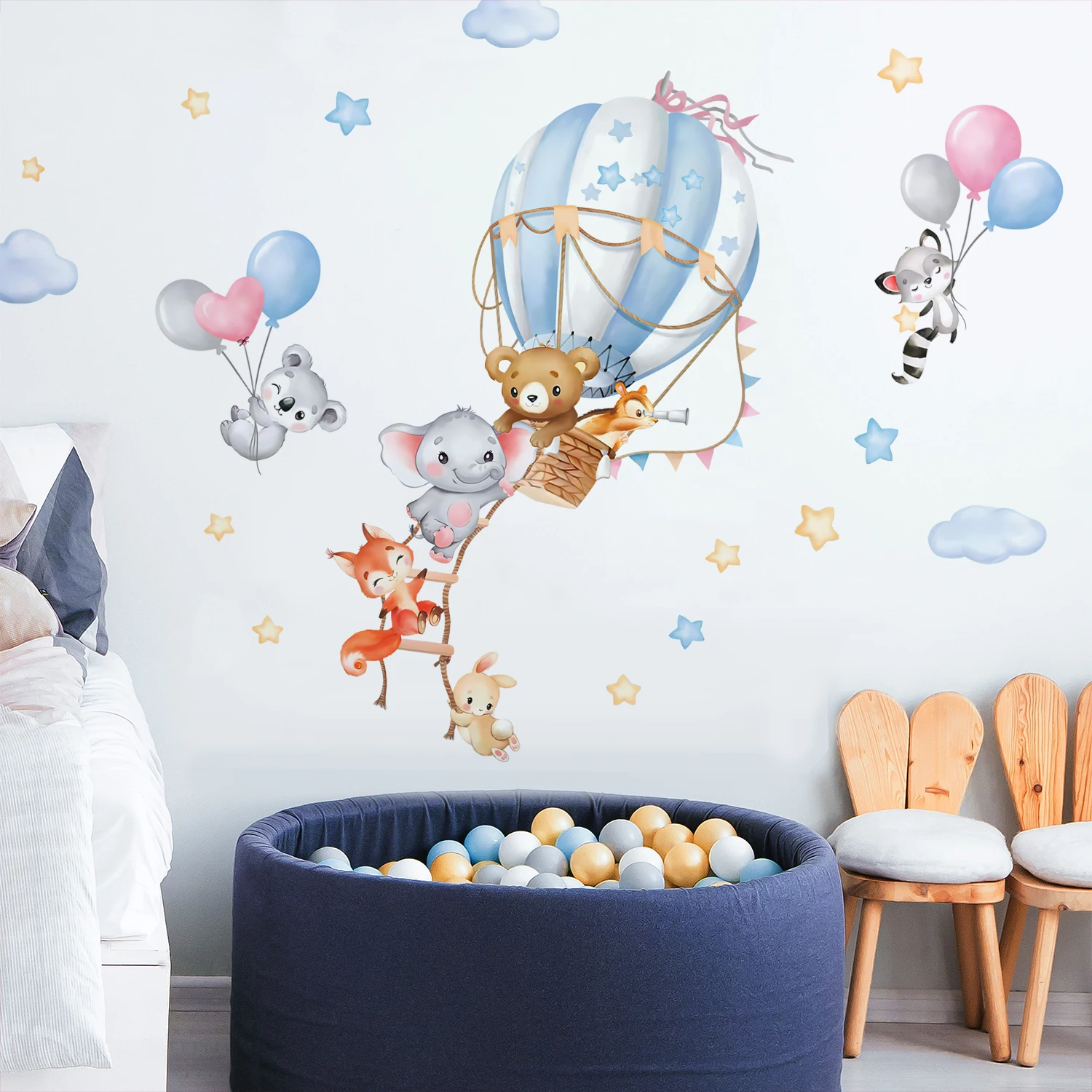 Cartoon Animals Climbing Ladders Balloons Stars Wall Sticker Nursery Child Room Art Decal Kids Room Bedroom Living Home Decor