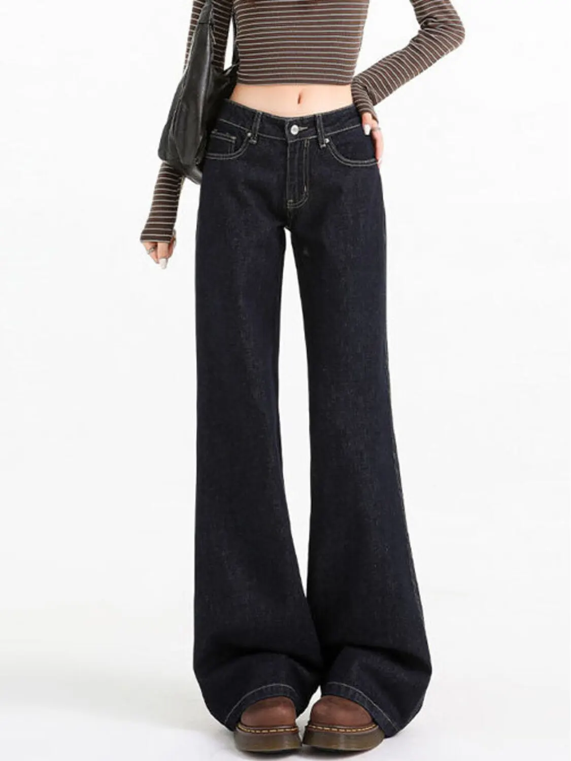 Women Vintage Bootcut Jeans Low Rise Flare Denim Pants Wide Leg Y2K Streetwear