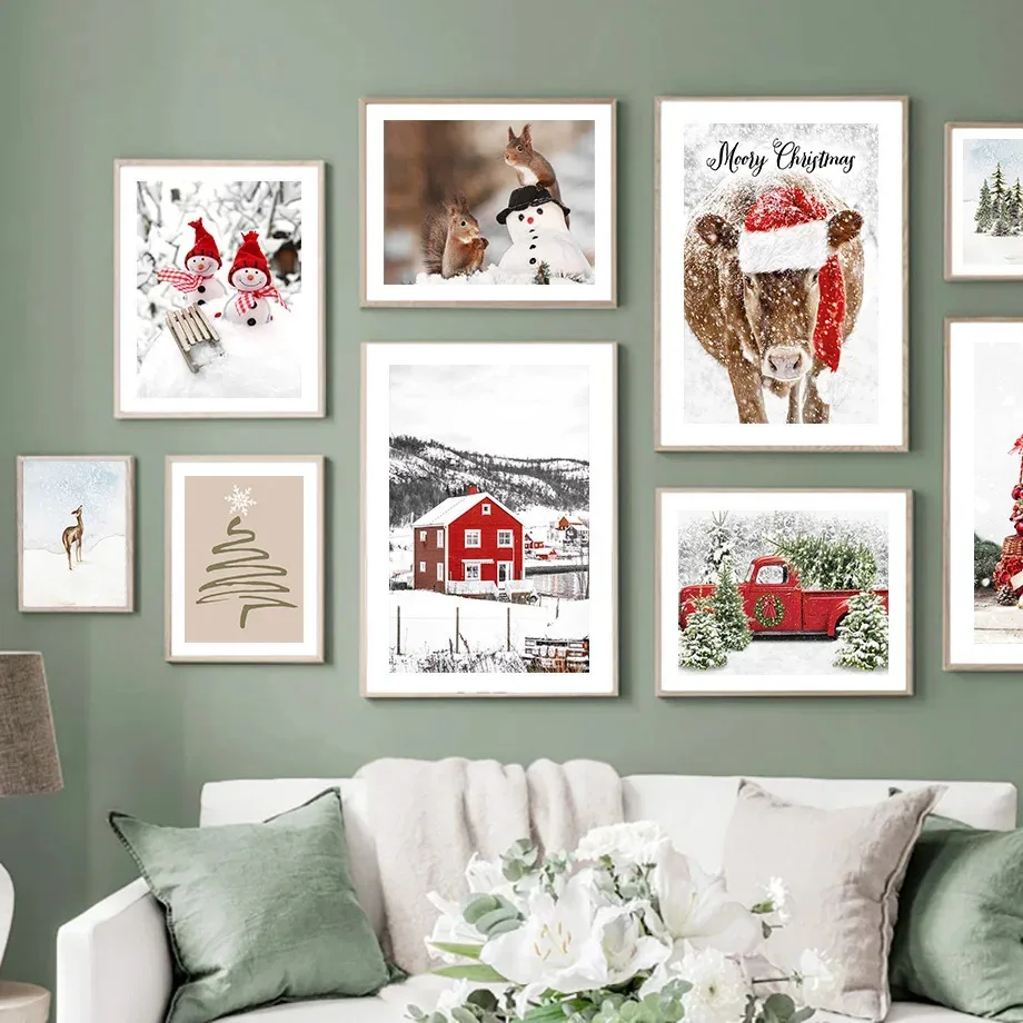 Pine Squirrel Bull Snowman Red Ball House Christmas Posters Prints Canvas Painting Wall Art Pictures For Living Room Home Decor