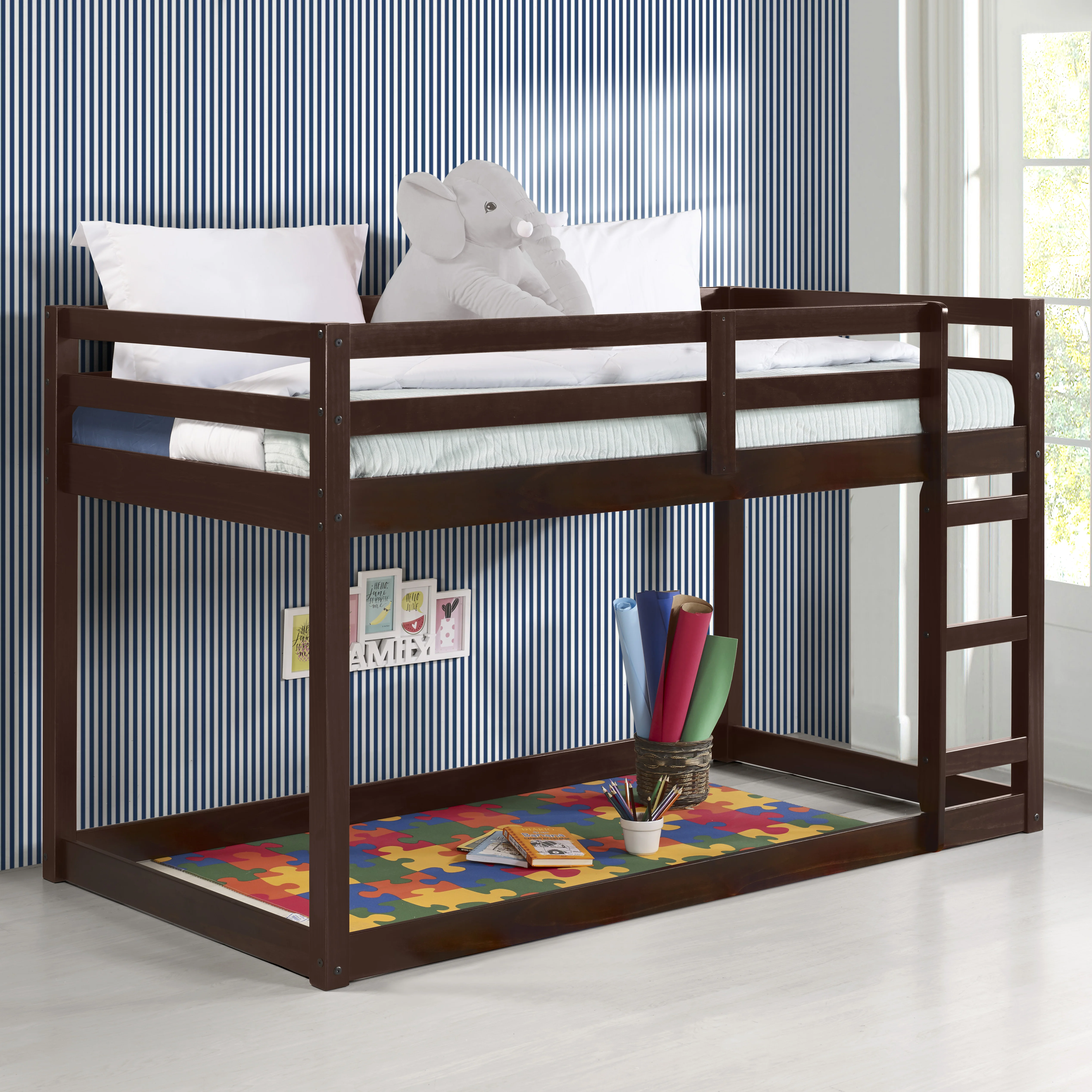 Sturdy Twin/Full Size Bunk Bed in White with Built-in Ladder for Kids' Room