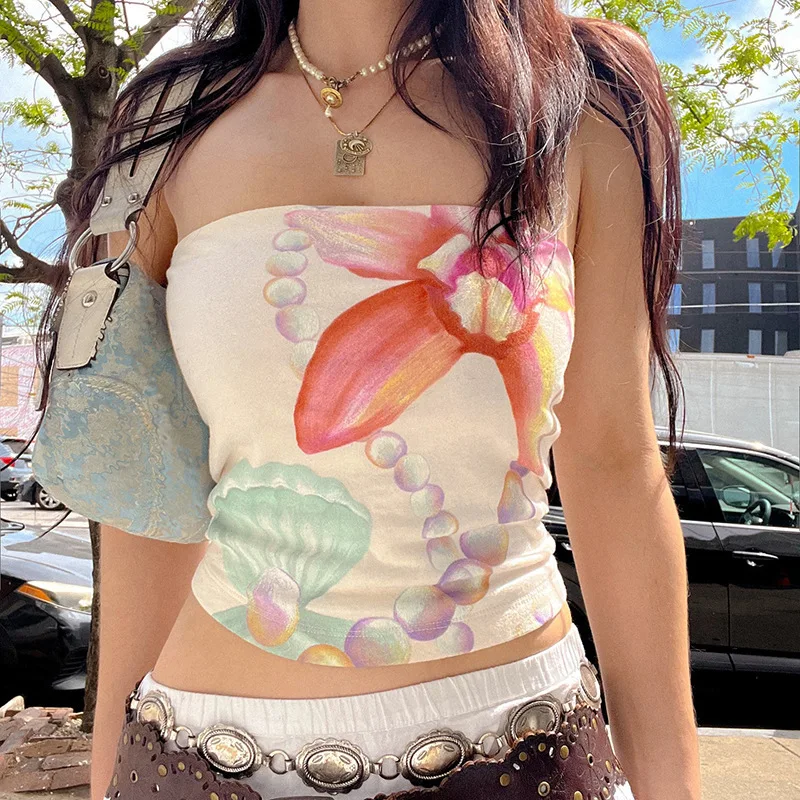 

Европа и США, новые женские специи для девочек, цвет ветра, островная ракушка, цветочный принт, маленький топ, тонкий.