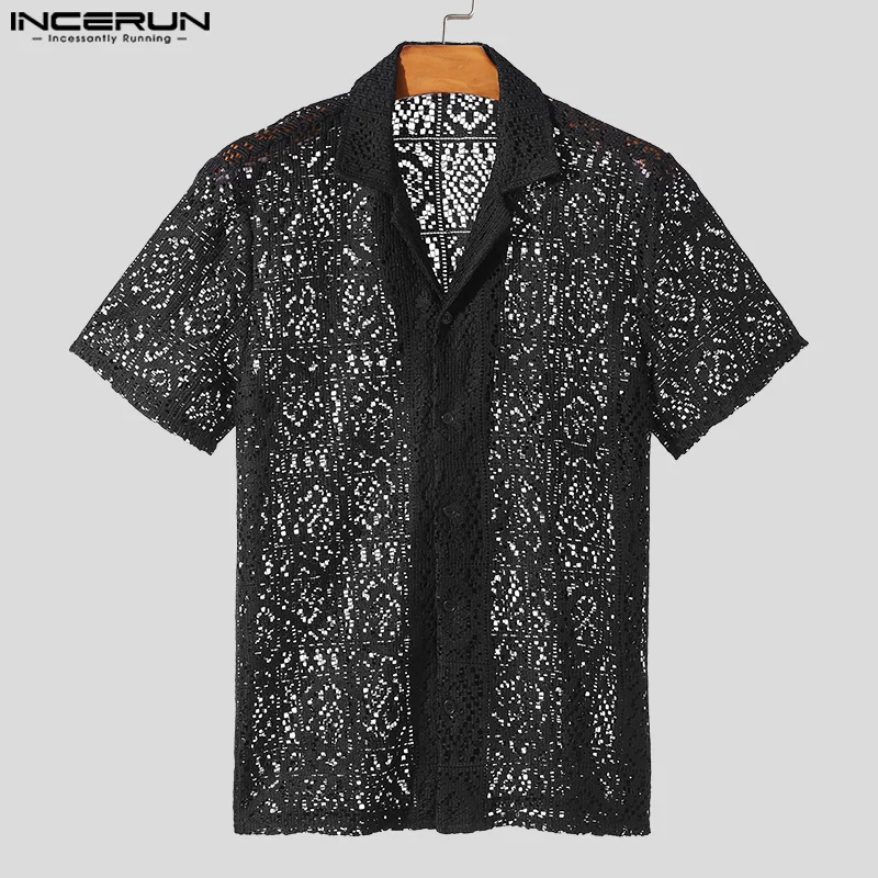 2024 Men\'s Shirt Lace Hollow Out Transparent Lapel Short Sleeve Men Clothing Streetwear Summer Fashion Casual Camisas INCERUN