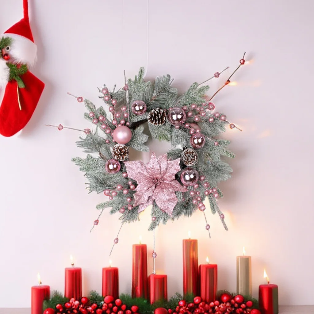 Christmas Pink Wreath with Balls Artificial Plant Rattan Garland Christmas Rattan Hanging Ornament for New Year Home Decoration