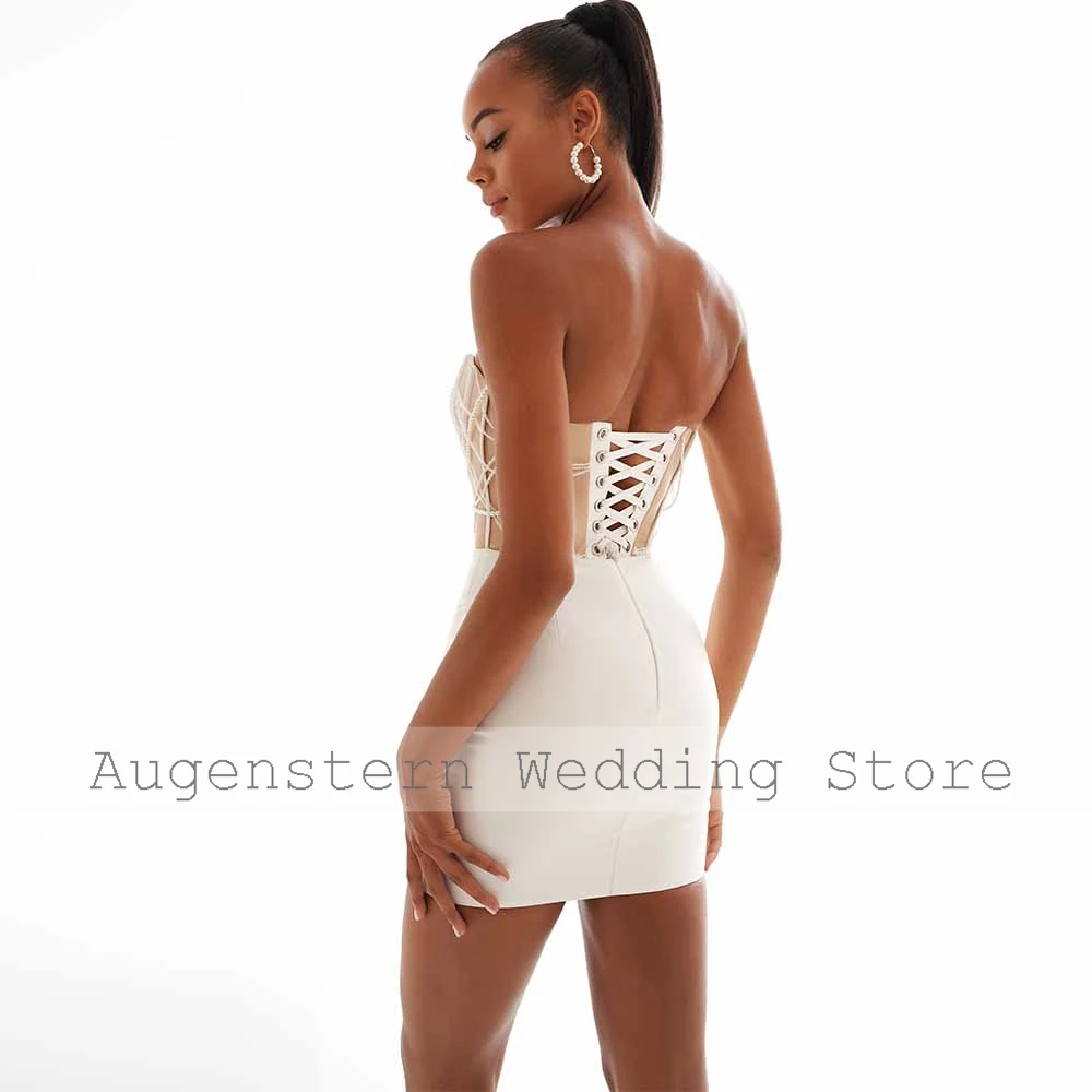 Exquisite kurze Brautkleider aus Jersey, Etui-Linie, standesamtliche Brautkleider, Elfenbeinfarben, trägerlos, überkreuzte Perlen, Damenkleider, Trend