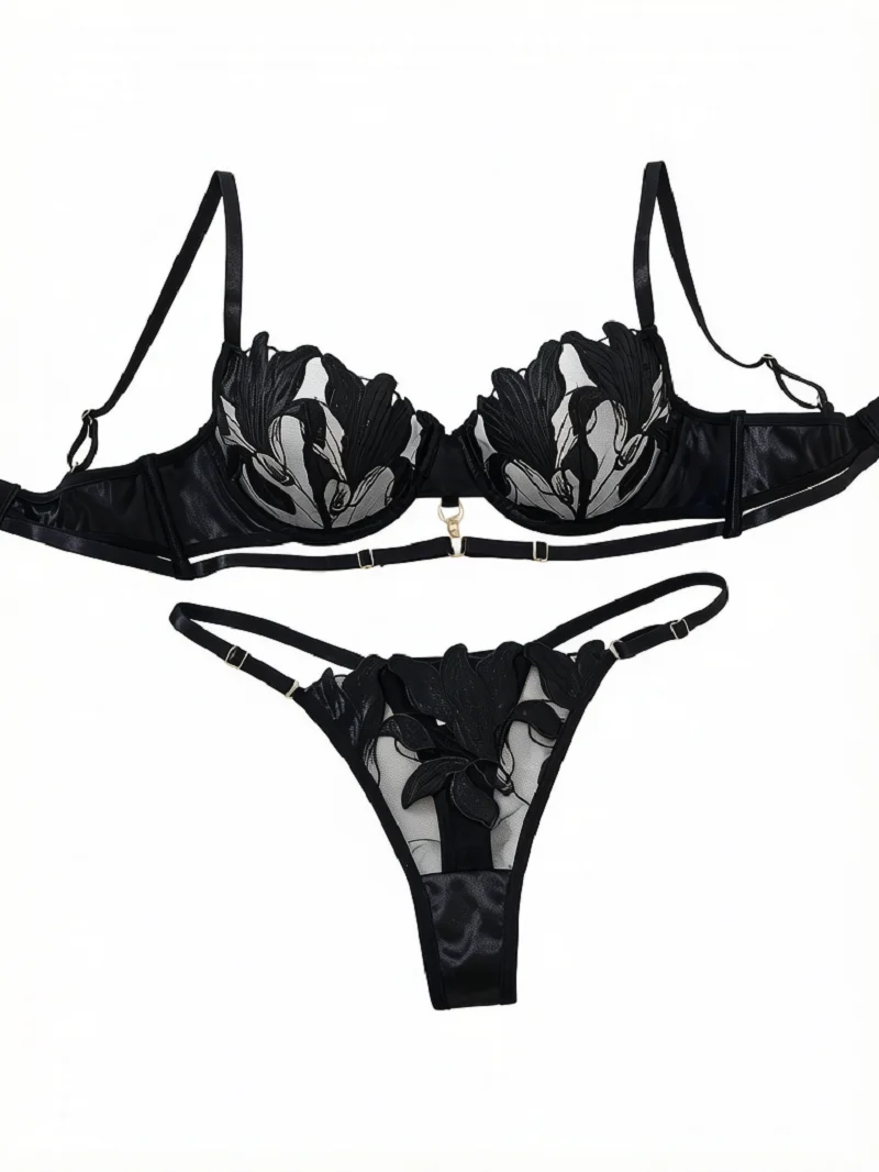 Women Black Floral Embroidery Lace Lingerie Set Thin Underwire Bra Waist Strap Decor Charm Thong Sexy 2 Pcs Intimate Underwear