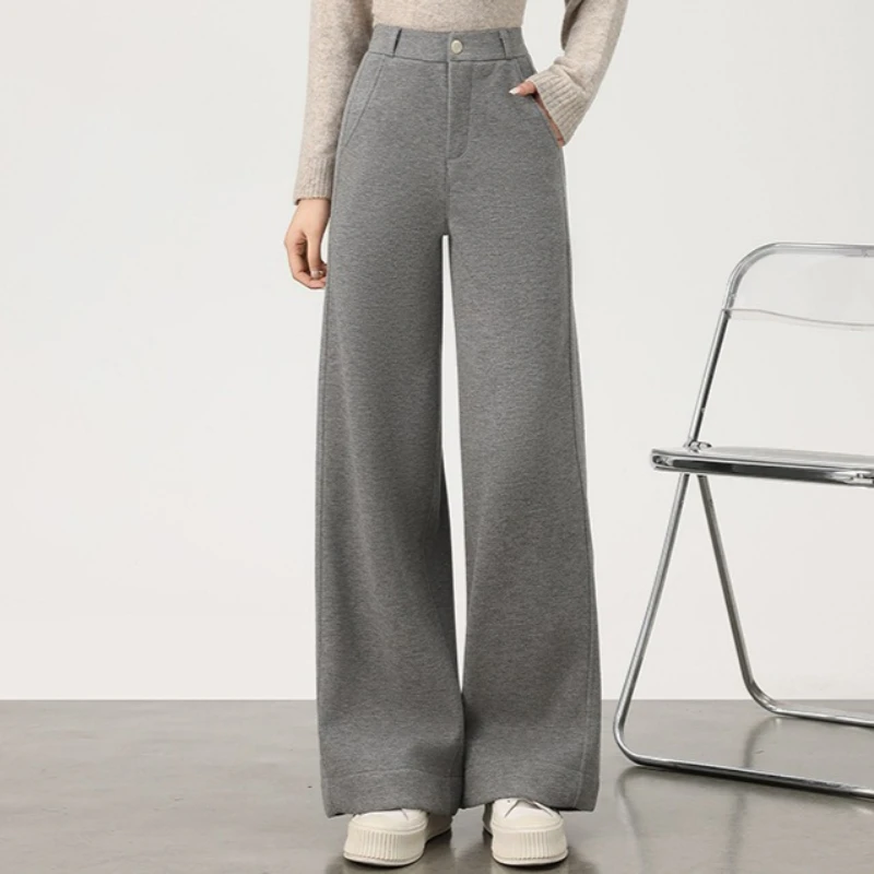 2026 Winter Women High Waist Wide Leg Wool Acetate Blend Pants Fleece Lined Thick Casual Straight Trousers