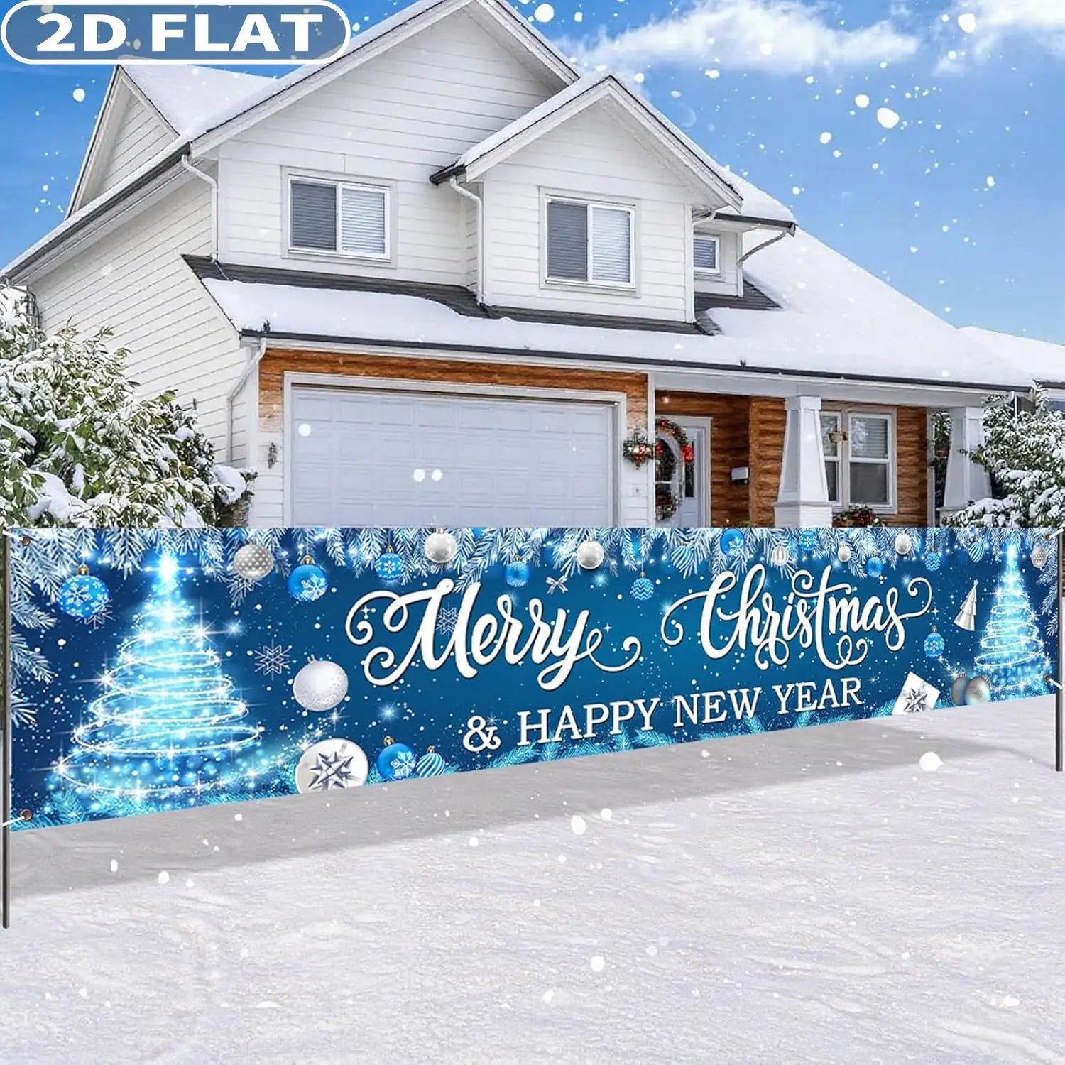 1pc Blue Merry Christmas Party Banner Yard Decor, 2x10 FT Xmas Tree