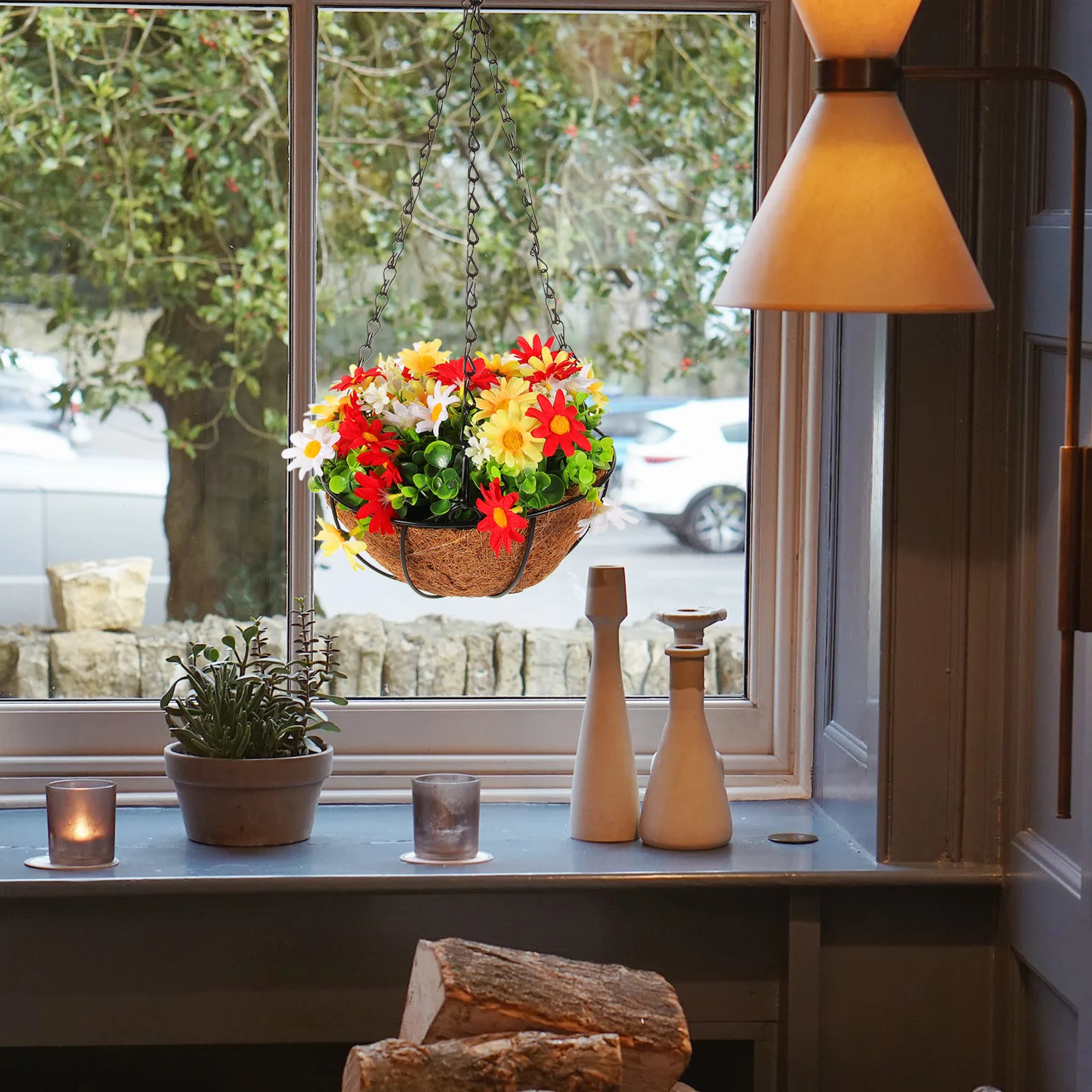 

Hanging Flower Basket Indoor Outdoor Decor Natural Material Artificial Plants Iron Baskets Fake Flowers Garden