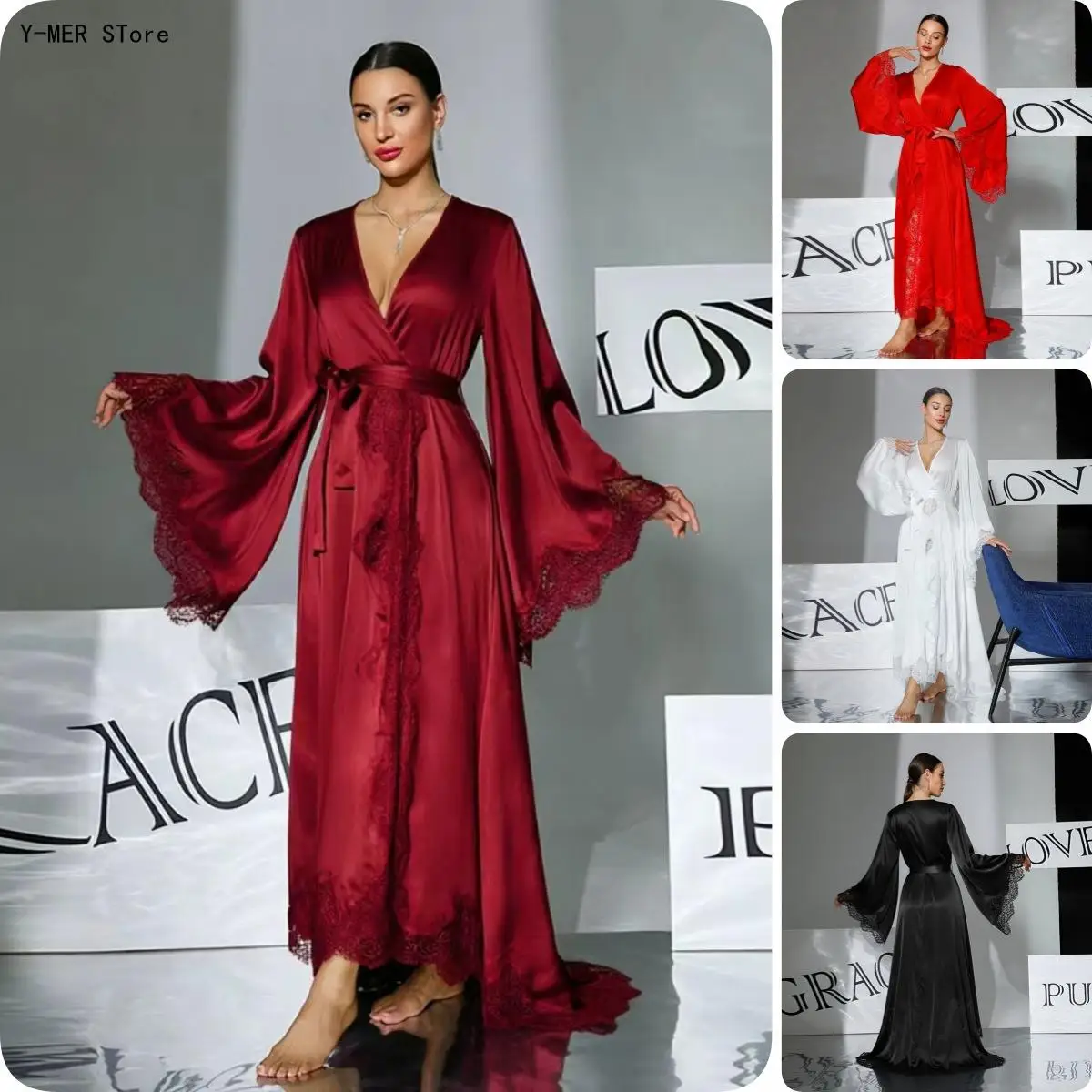 Women Lace Long Maxi Robe Tie Up Trailing Hem Flare Sleeve Bridal Morning Gown Loungewear for Wedding Party Home Wear