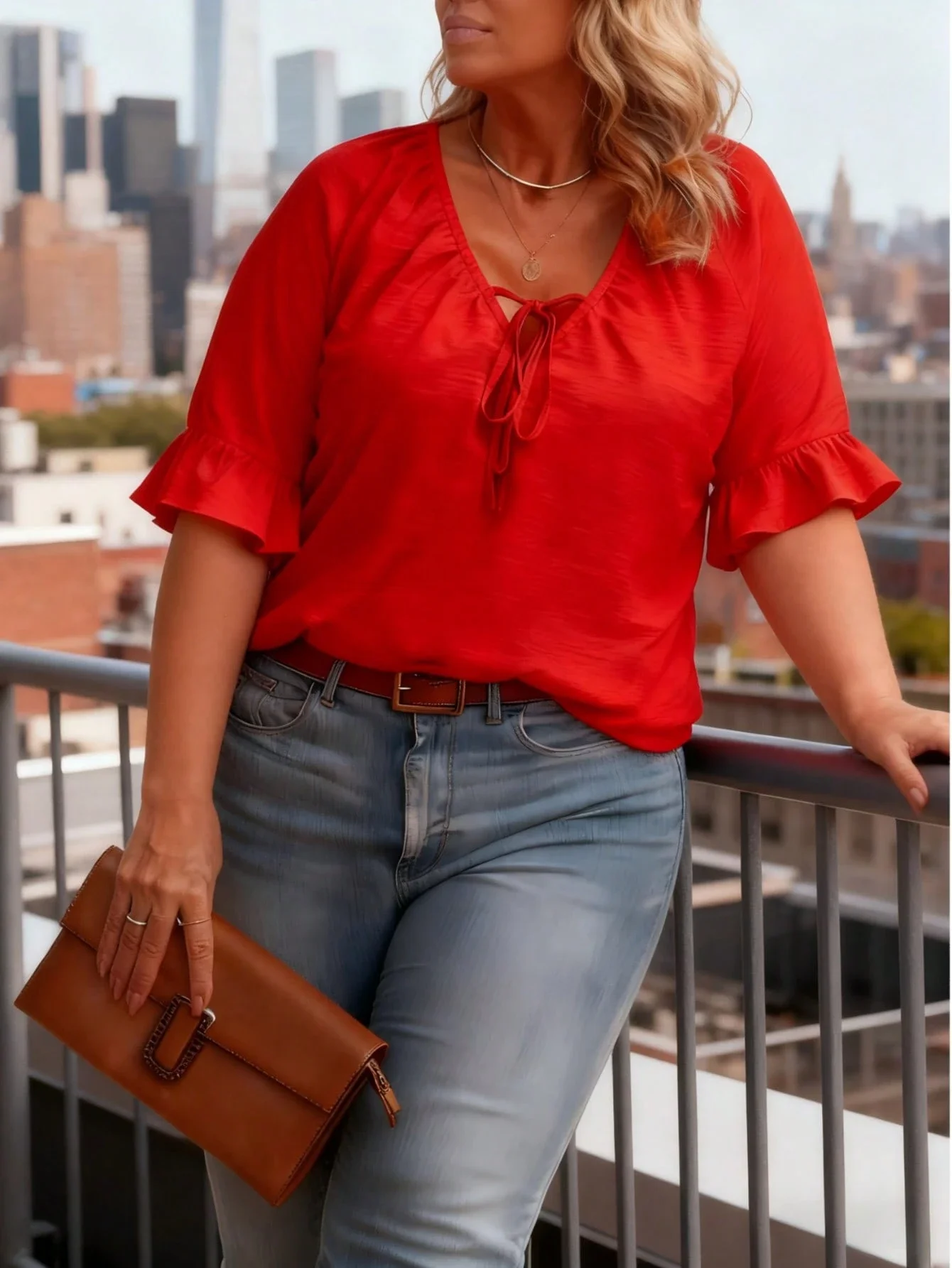 

Plus Size Women Solid Color Ruffle Cuff Tie Front Blouse Summer