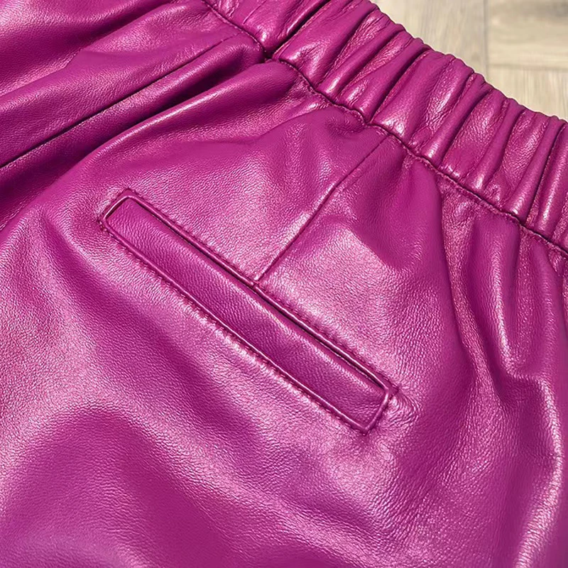 Fuchsia Leather Long Pants for Women 2024 Spring Natural Skin Elastic Waist Wide Straight Pants Casual Floor Pantalones de Mujer