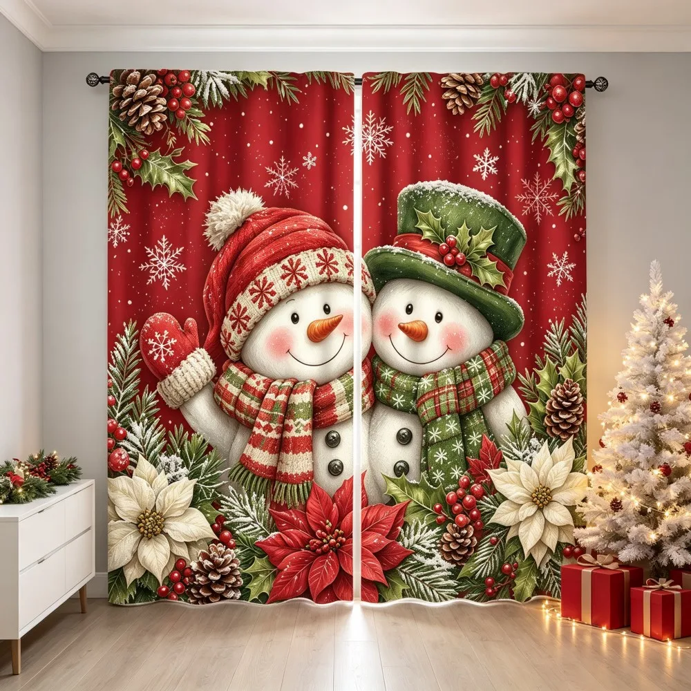 2PCS Christmas Winter Curtains, Red Two Snowmen Knit Hat Poinsettia Pine Berry, Digital Print, Bedroom Living Room, Home Decor