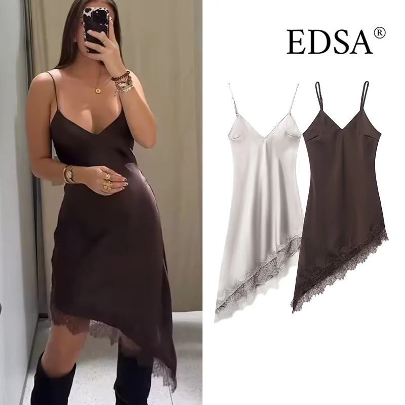 EDSA Minivestido asimétrico de encaje satinado para mujer con tirantes finos ajustables con cuello en V Vestidos cortos sin mangas de verano