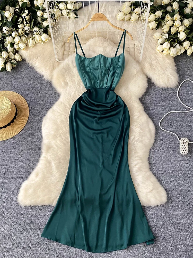 SINGREINY 2025 イブニングパーティードレス女性スパゲッティストラップバックレスジッパーノースリーブボディコン最新サテンシニアスリムロングドレス