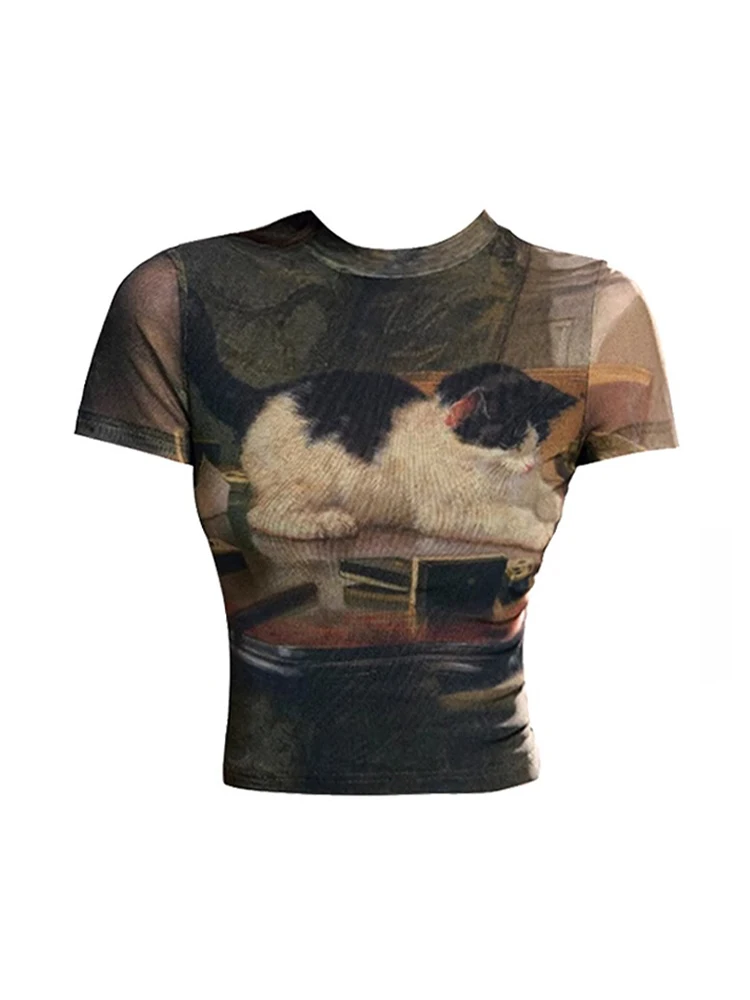 

Retro Spicy Girl Print oulder T-irt Women's Summer Slim Fit ort Sve Elastic f High Collar Sli Top