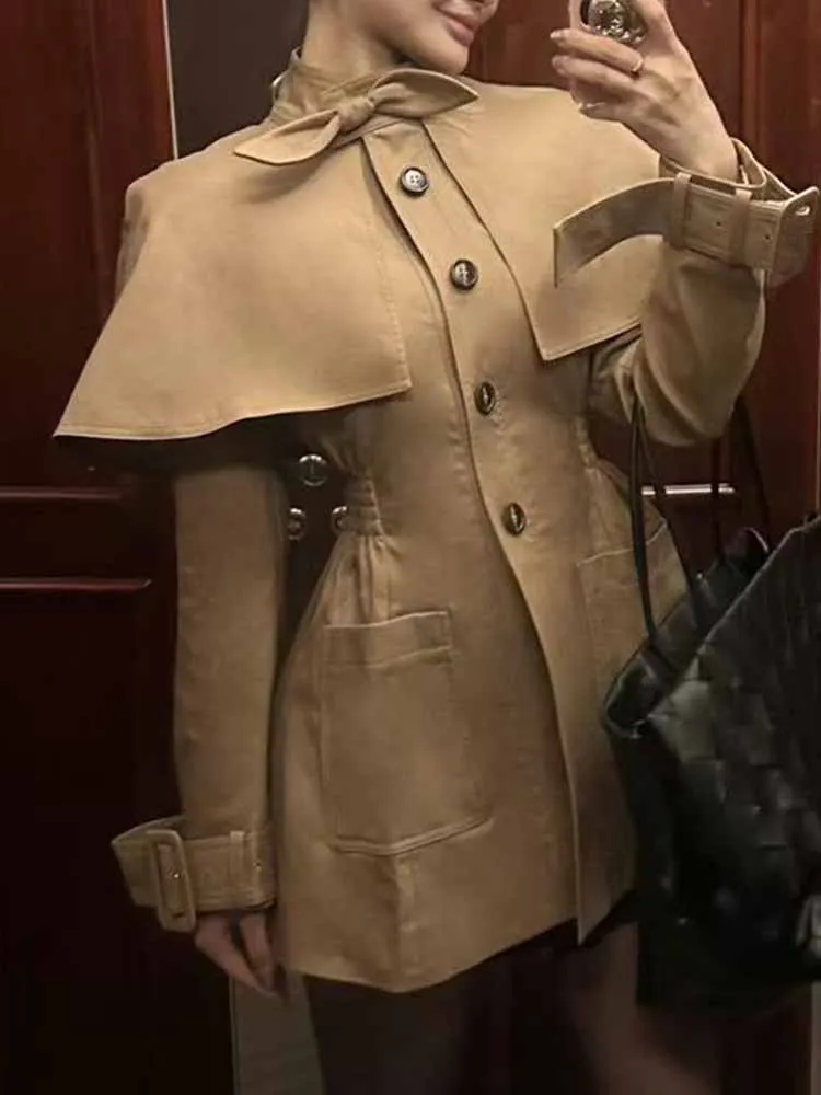 الكاكي شال طوق الدانتيل يصل خندق معطف المرأة كم كامل واحدة الصدر جيب الخصر Cinching سترة 2025 الخريف الشارع أبلى