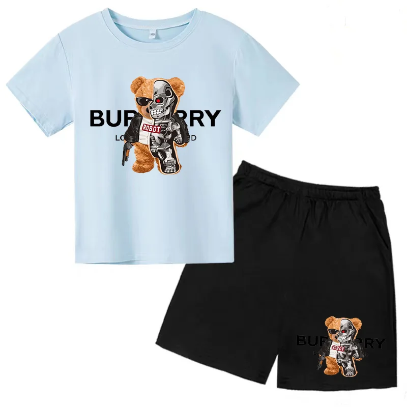 Children's Bear Print T-shirt 3-12Y Boys Girls Preschool Birthday Gift Top + Shorts 2P Brand Sports Jogging Charming Casual Se