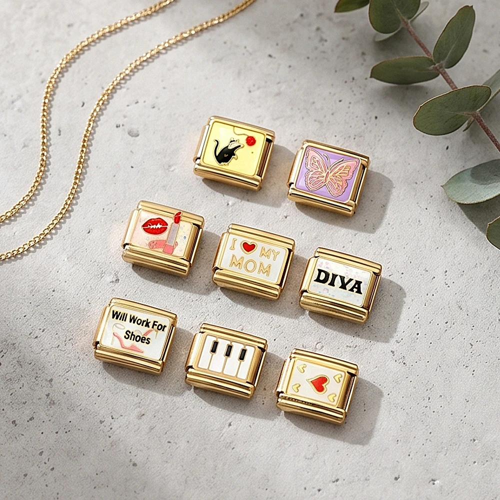 URING Bunte Cartoon-Regenbogen-Italienische Charms 9MM Goldfarbene Edelstahl-Gliederarmbänder DIY-Perlen Kreuz Pizza Poker Schmuck – Detail 3