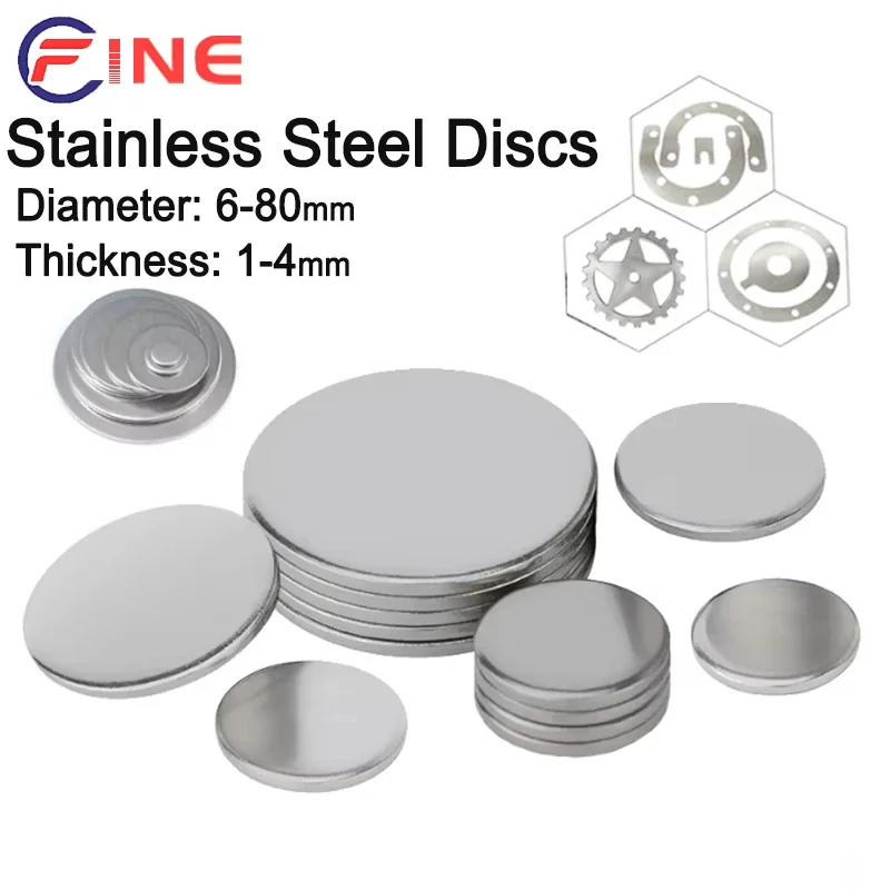 304 Stainless Steel Solid Disc Flat Gasket Waterproof and Rust Proof Non Porous Round Iron Sheet Metal Solid Flat Pad Dia 6-80mm