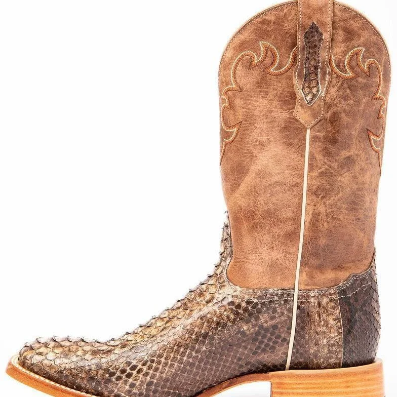 Botas Vaqueras Occidentales de Cuero Marrón Vintage para Hombre, con Estampado de Serpiente, Punta Cuadrada, Altura Media, Tacón de Bloque de Madera, Calzado Retro