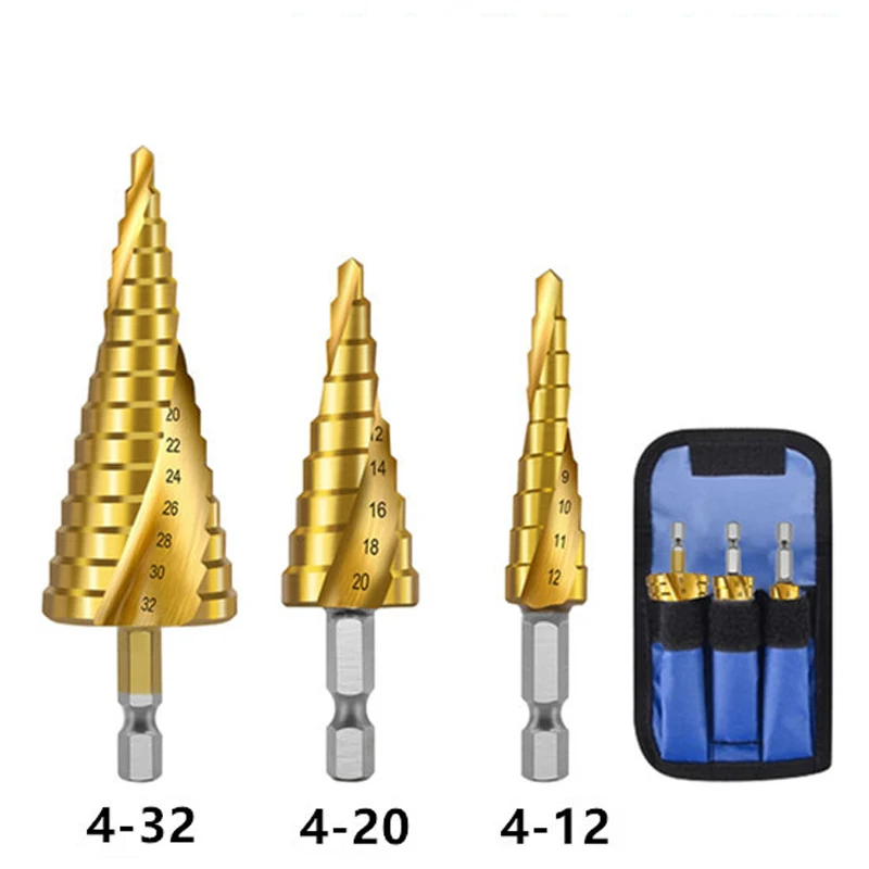 3Pcs/set  4-12mm 4-20mm HSS Straight Spiral Groove Step Drill Bit Titanium Coated Wood Metal Hole Cutter Core Drilling Tools