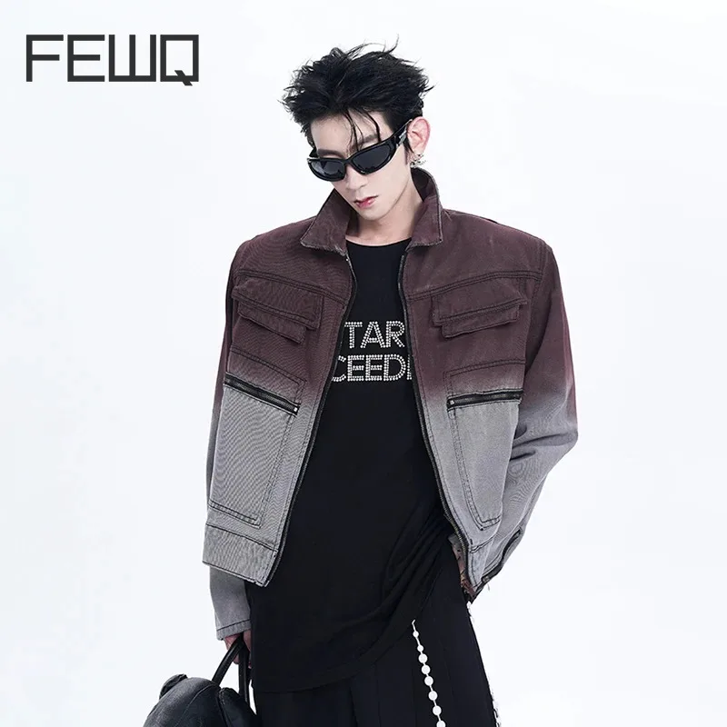 

FEWQ Summer New Men's Jacket Casual Multi-pocket Zipper Turn-down Collar Denim Top High Street Tie-dyed Contrast Color 24X9092