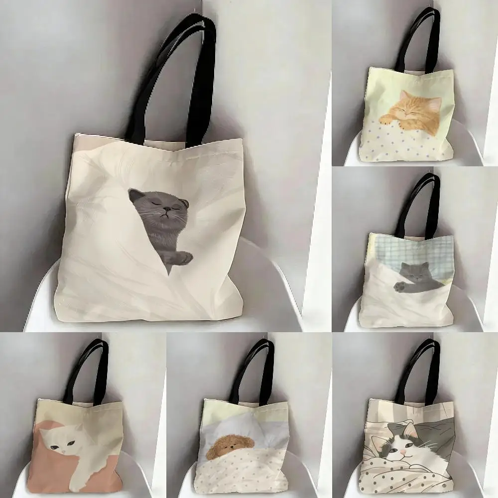 Cat Dog Couple Sleeping Storage Bags Canvas Double-Sided Print Fashion Shoulder Tote Shopping Bag Gift Eco Handbags