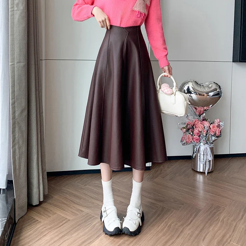 

Pop Ladies Elegant High Waist Ball Gown Long Skirts Women New Fashion Autumn Winter PU Leather Skirts Ladies Vintage Umbrella Sk