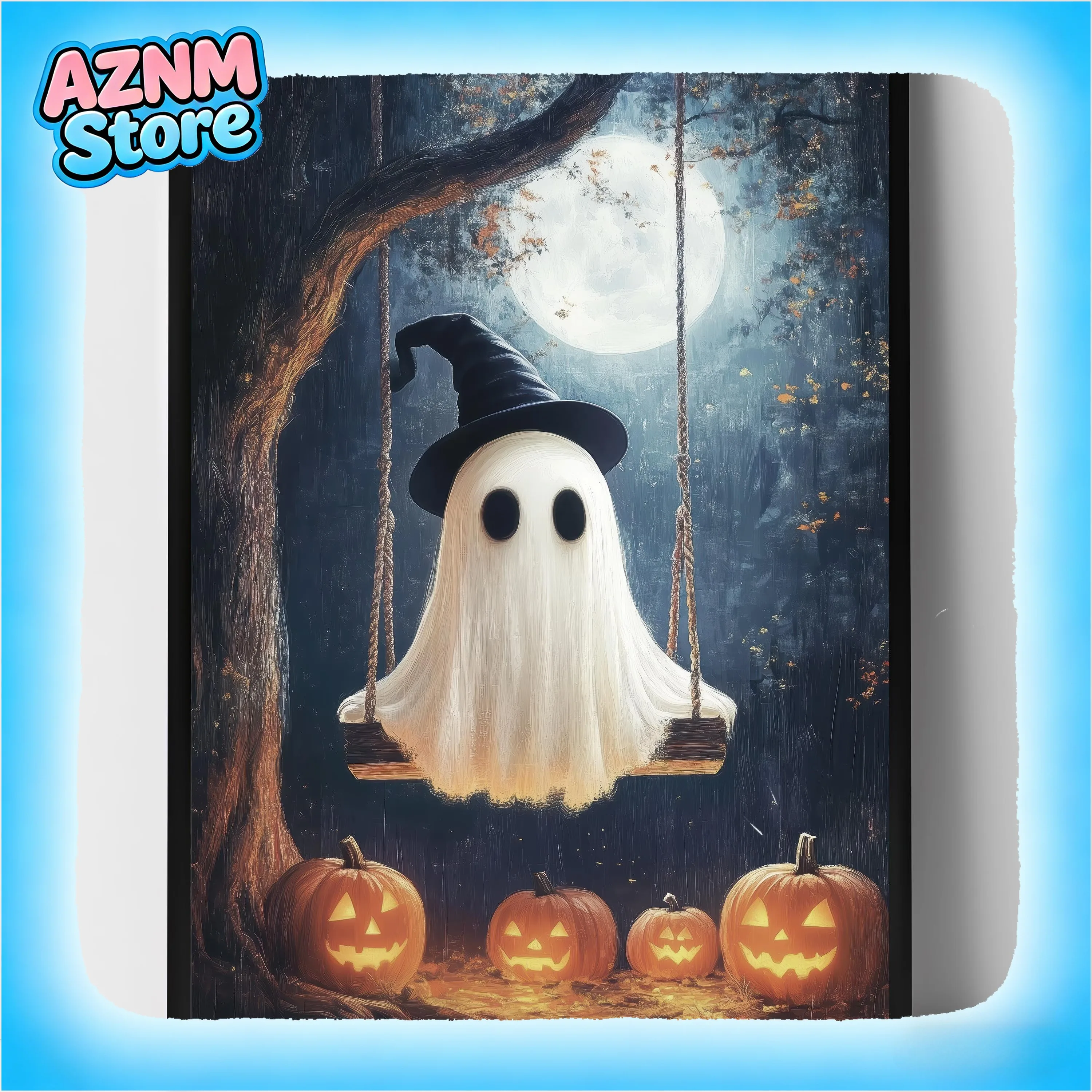 (1pc frameless)Cute Ghost Black Cat in The Dark Forest Canvas Print Ghost Swing Jack-o-lantern Halloween Wall Art Poster Livi