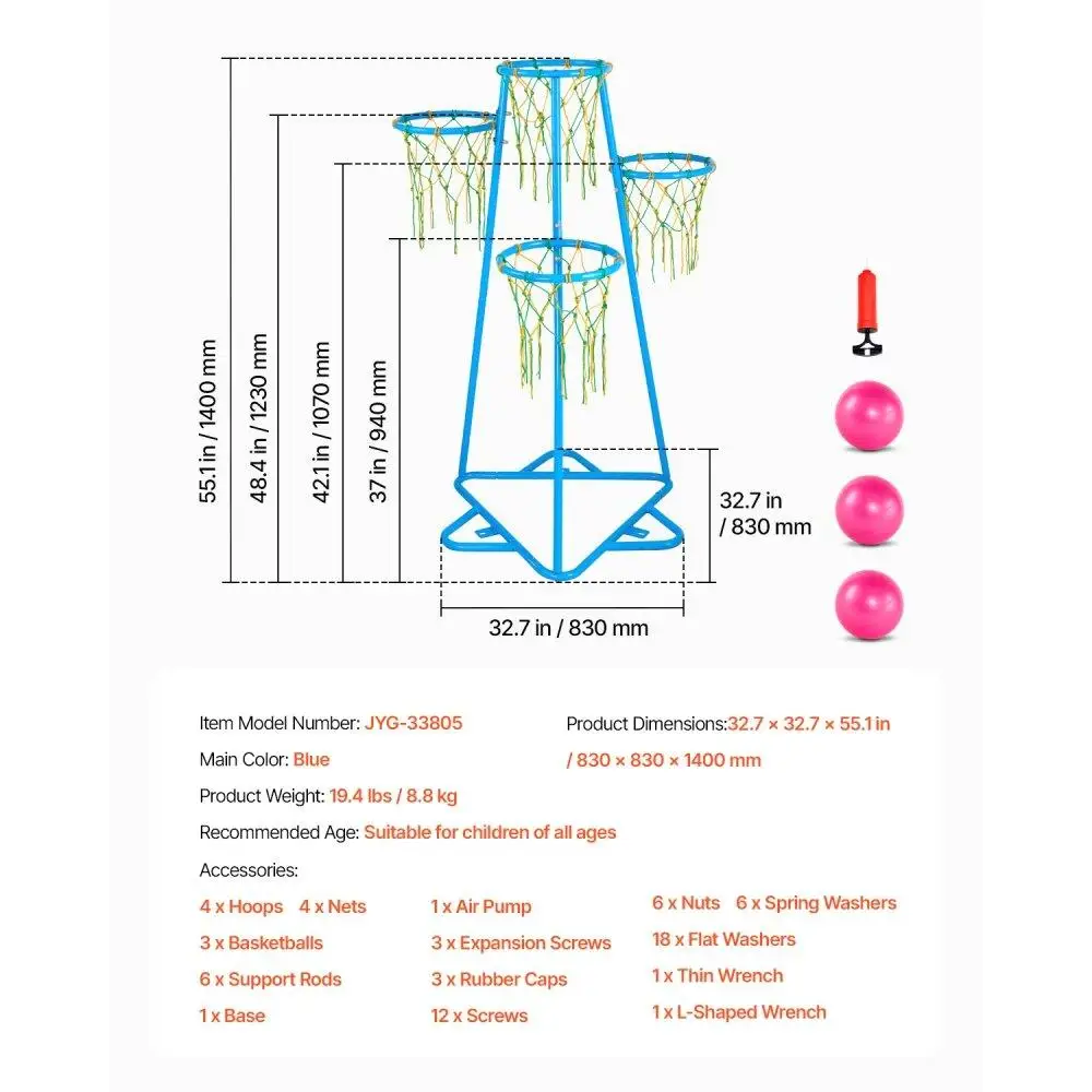 Kids Basketball Hoop Portable Adjustable Height 4 in 1 Durable Easy Assembly
