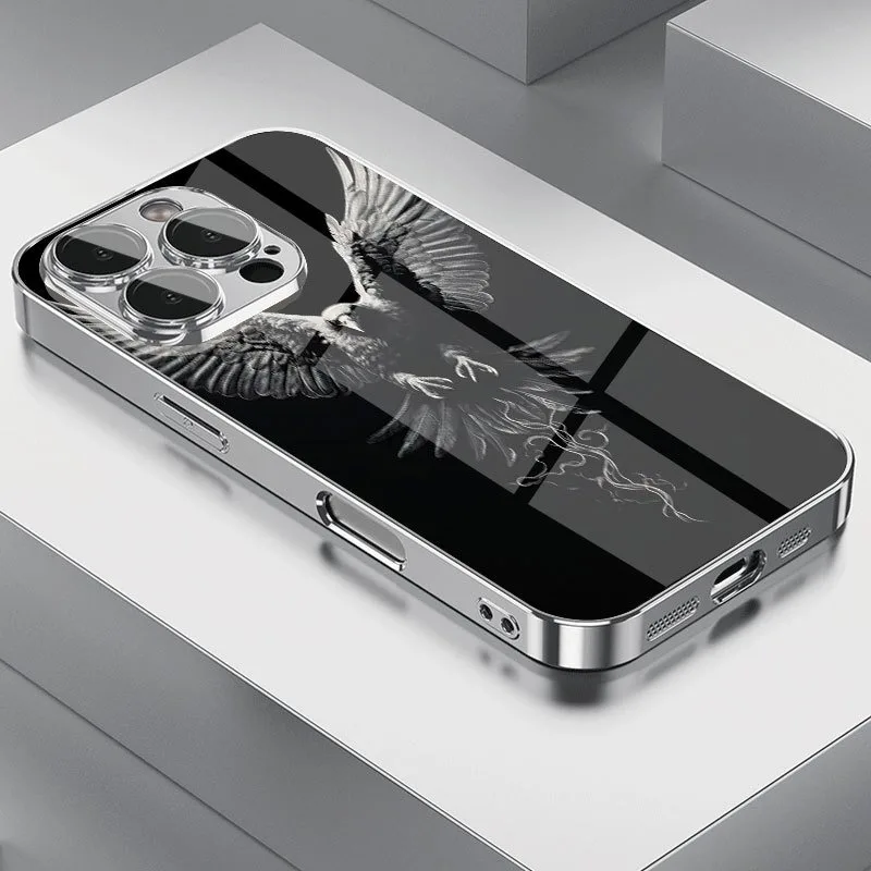 

Luxury-lite crystal eagle-patterned glass electroplated phone case, suitable for iPhone 17, 16, 15, 14, 13, 12, 11, etc.