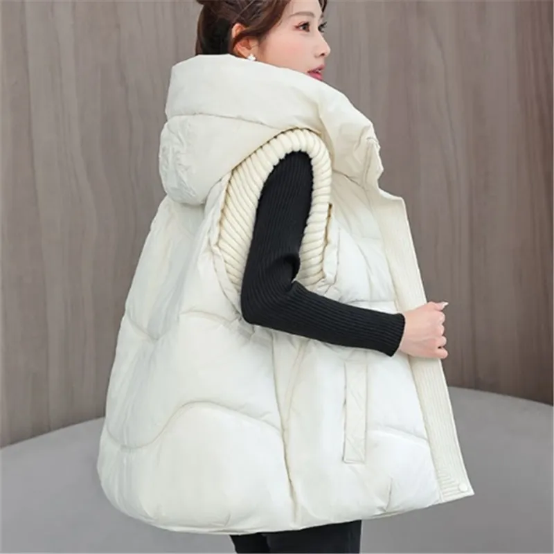 

2026 New Winter Parkas Mid-Length Down Cotton Vest Women Fashion Hooded Sleevele Jacket Loose Warm Waistcoat Ladies Tops T1603