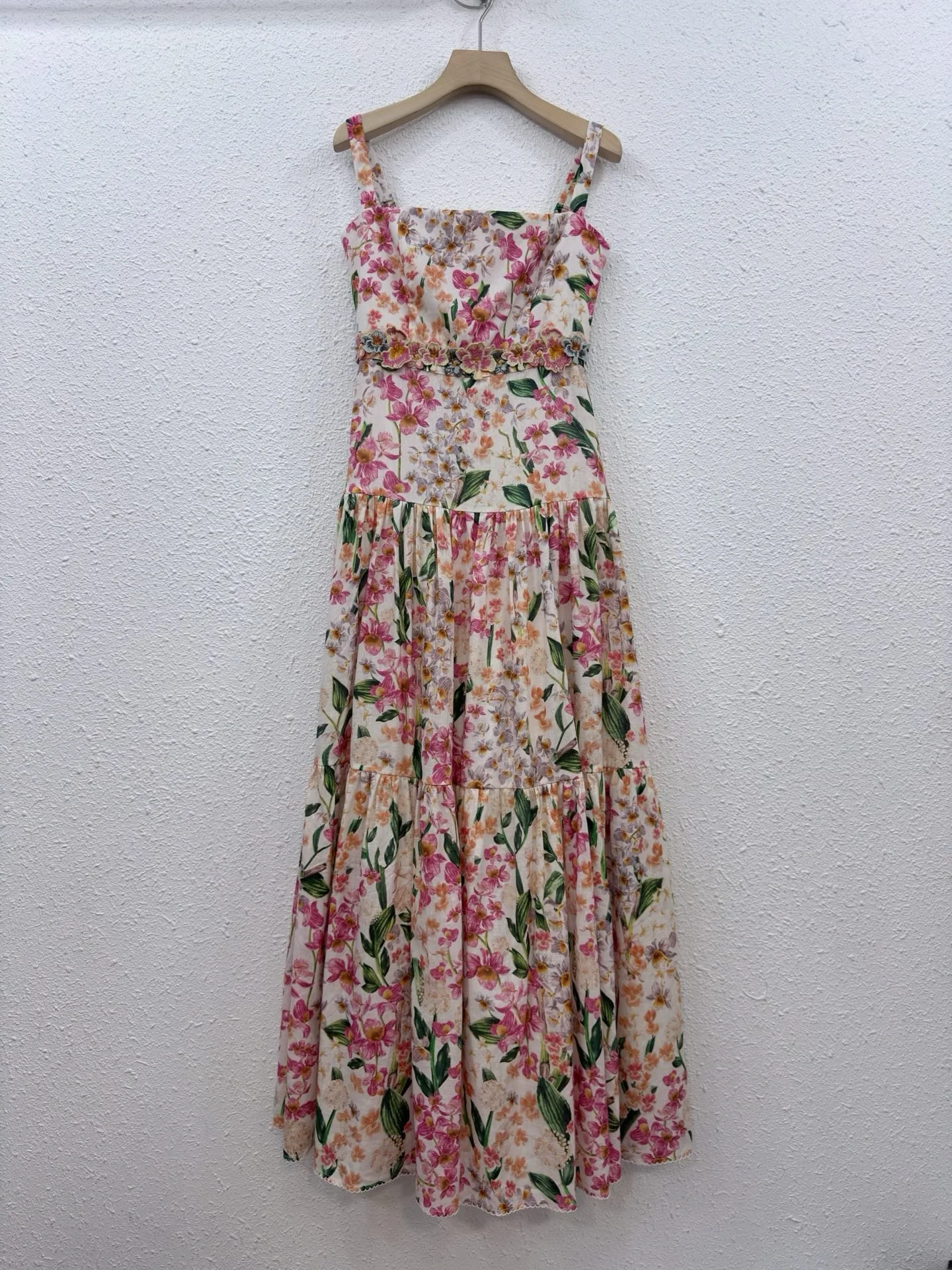 

Women Pink Floral Print Tiered Midi Dress Spaghetti Strap Square Neck Lace Waist Trim High Waist Ruffle Hem Boho Beach Sundress