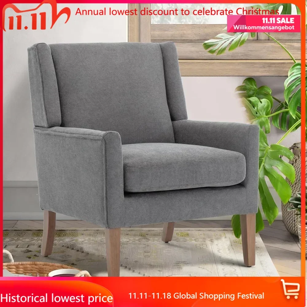 Modern Wingback Living Room Chair Upholstered Fabric Accent Armchair Single Sofa Chair With Lounge Seat and Wood Legs Chairs