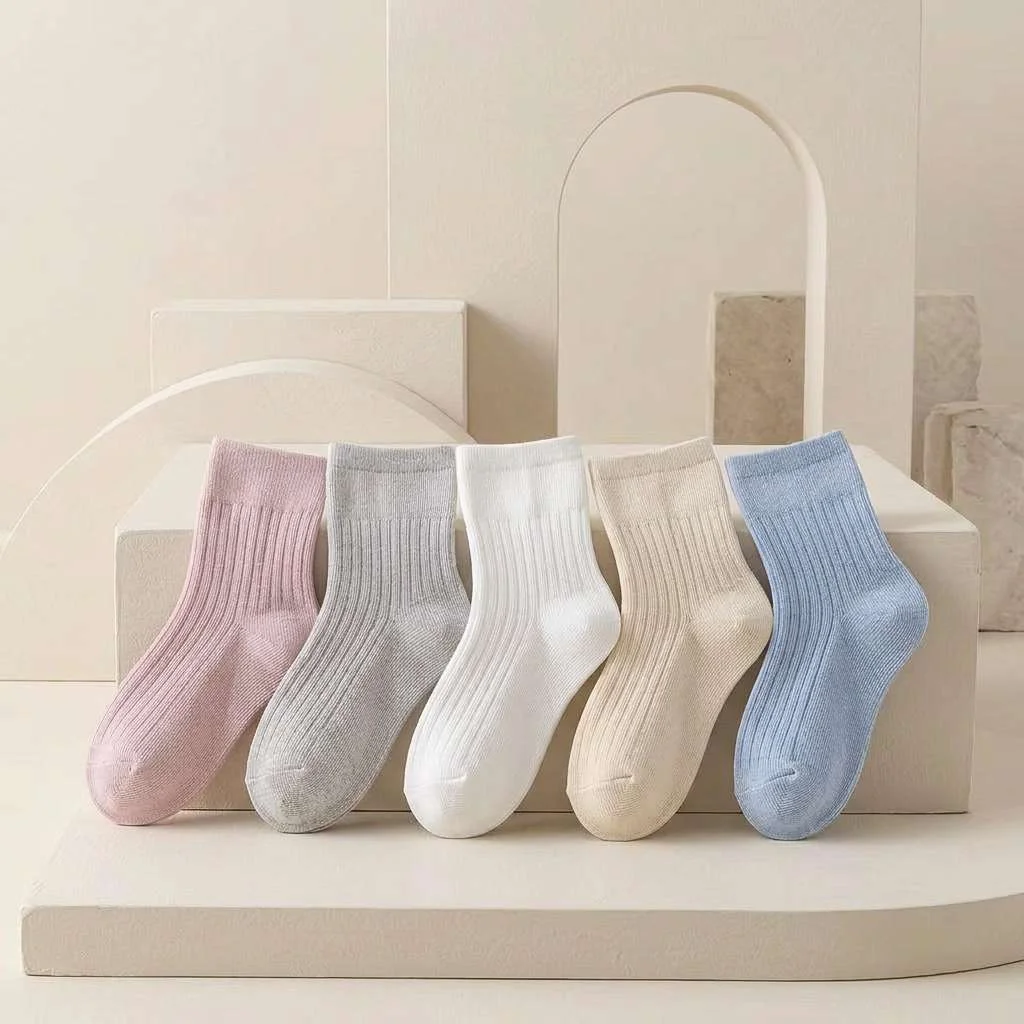 5 Pairs Baby Toddler Mid Calf Socks Soft Breathable Cotton Crew Socks Elastic Cuff for Boys Girls