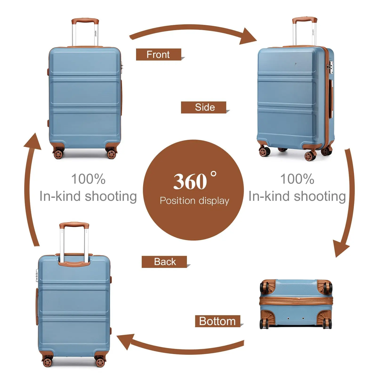 KONO Hard Shell Suitcase, Lightweight ABS Trolley with Double Spinner Wheels, TSA Lock, Travel Luggage (M/L/XL)